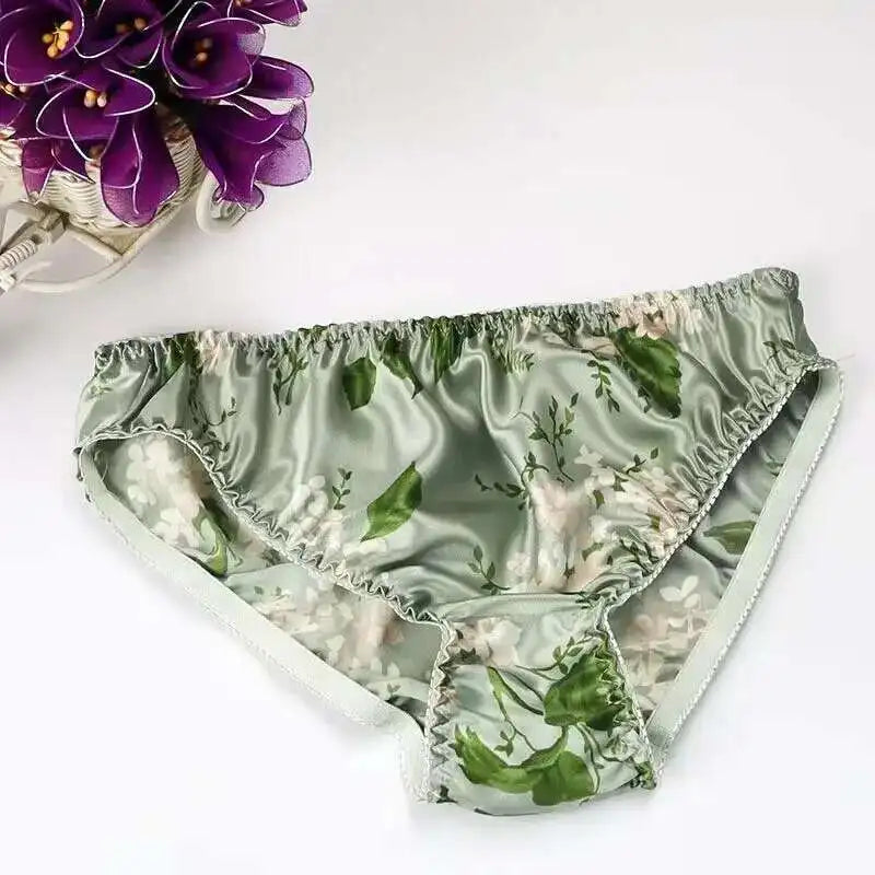 Summer Floral Print Ice Silk Men See Through Lingerie Panties Plus Size Underwear Sexy Medium Waist Briefs