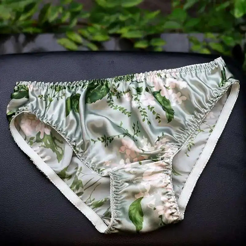 Summer Floral Print Ice Silk Men See Through Lingerie Panties Plus Size Underwear Sexy Medium Waist Briefs